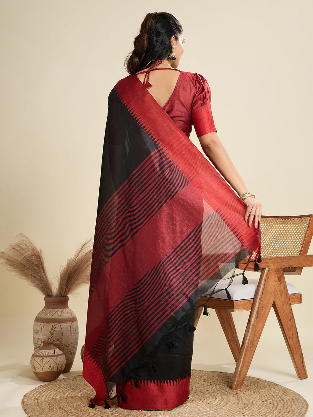 Jyoti Fashion Women's Black Khadi Raw Silk Temple Woven Border Designer Saree with Blouse - Distacart