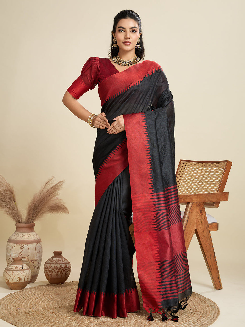 Jyoti Fashion Women's Black Khadi Raw Silk Temple Woven Border Designer Saree with Blouse - Distacart