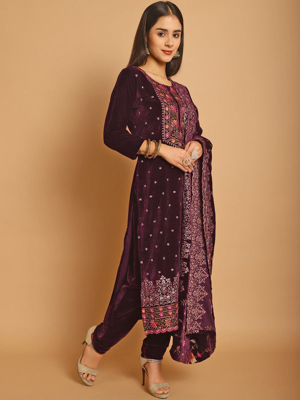 Jyoti Fashion Women's Wine Velvet Floral Resham Thread with Jari & Sequince work Designer Straight Suit Set