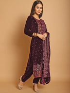 Jyoti Fashion Women's Wine Velvet Floral Resham Thread with Jari & Sequince work Designer Straight Suit Set