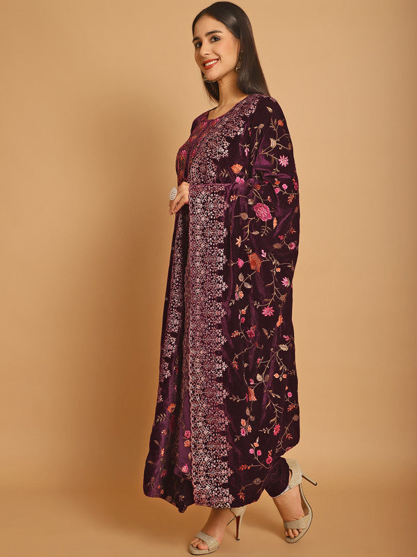 Jyoti Fashion Women's Wine Velvet Floral Resham Thread with Jari & Sequince work Designer Straight Suit Set