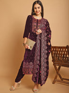 Jyoti Fashion Women's Wine Velvet Floral Resham Thread with Jari & Sequince work Designer Straight Suit Set