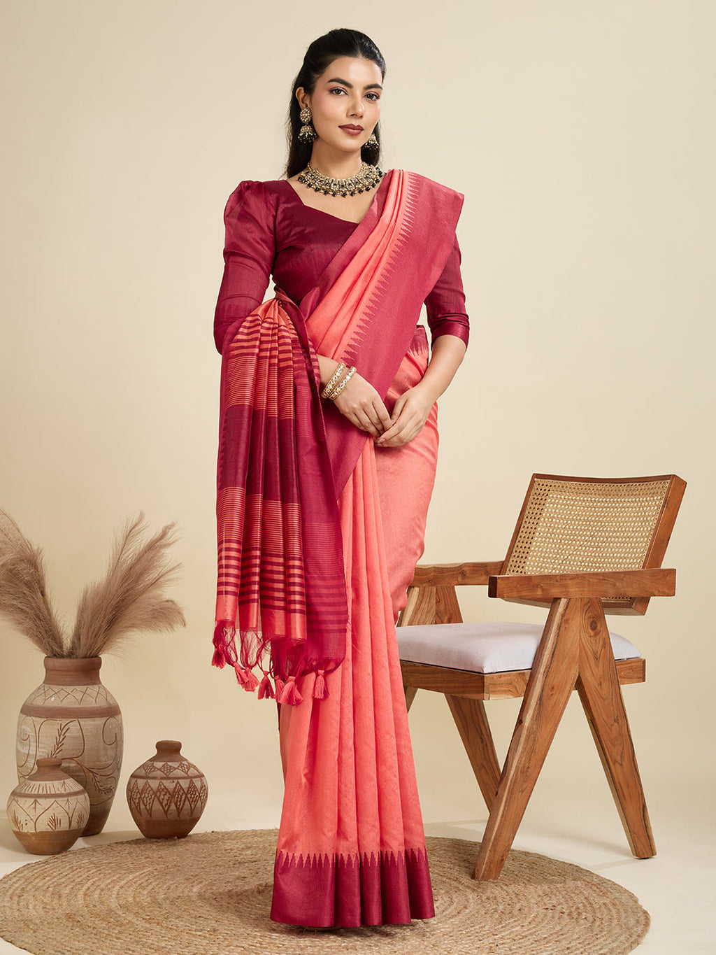 Jyoti Fashion Women's Peach Khadi Raw Silk Temple Woven Border Designer Saree with Blouse - Distacart