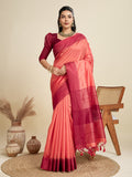 Jyoti Fashion Women's Peach Khadi Raw Silk Temple Woven Border Designer Saree with Blouse - Distacart
