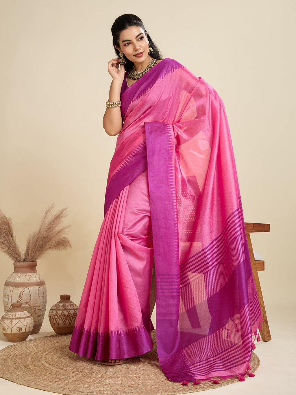 Jyoti Fashion Women's Pink Khadi Raw Silk Temple Woven Border Designer Saree with Blouse - Distacart