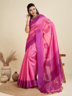 Jyoti Fashion Women's Pink Khadi Raw Silk Temple Woven Border Designer Saree with Blouse - Distacart
