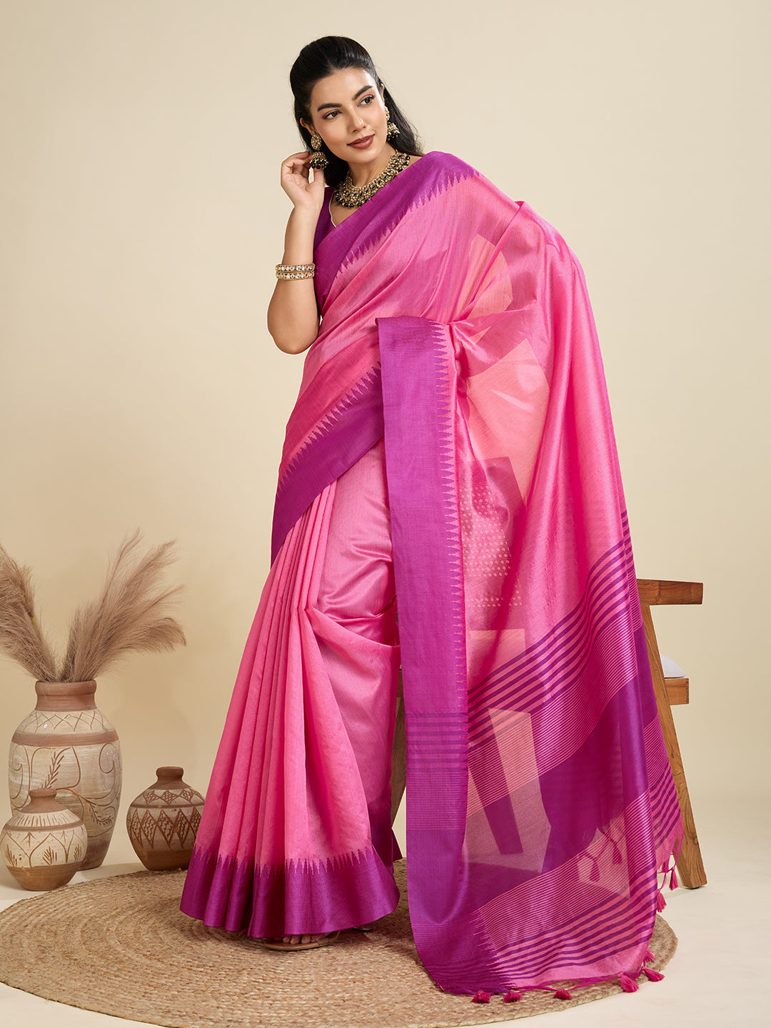 Jyoti Fashion Women's Pink Khadi Raw Silk Temple Woven Border Designer Saree with Blouse - Distacart