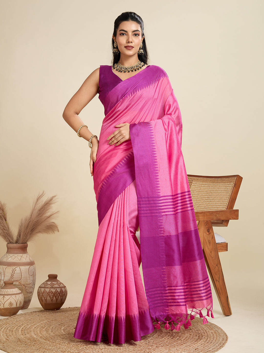 Jyoti Fashion Women's Pink Khadi Raw Silk Temple Woven Border Designer Saree with Blouse - Distacart