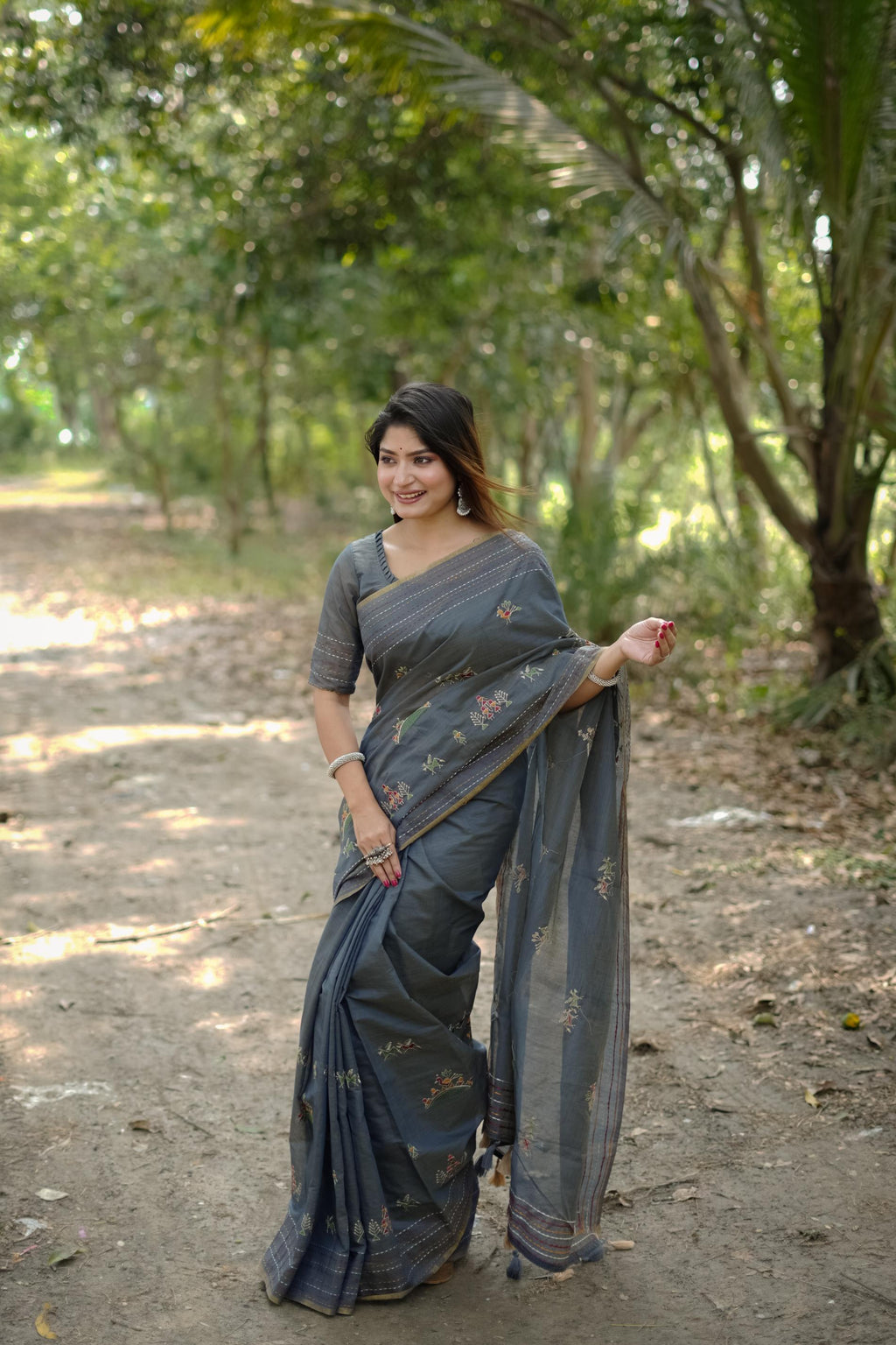 Jyoti Fashion Women's Grey Tussar Silk Traditional Thread Work Designer Saree with Blouse - Distacart