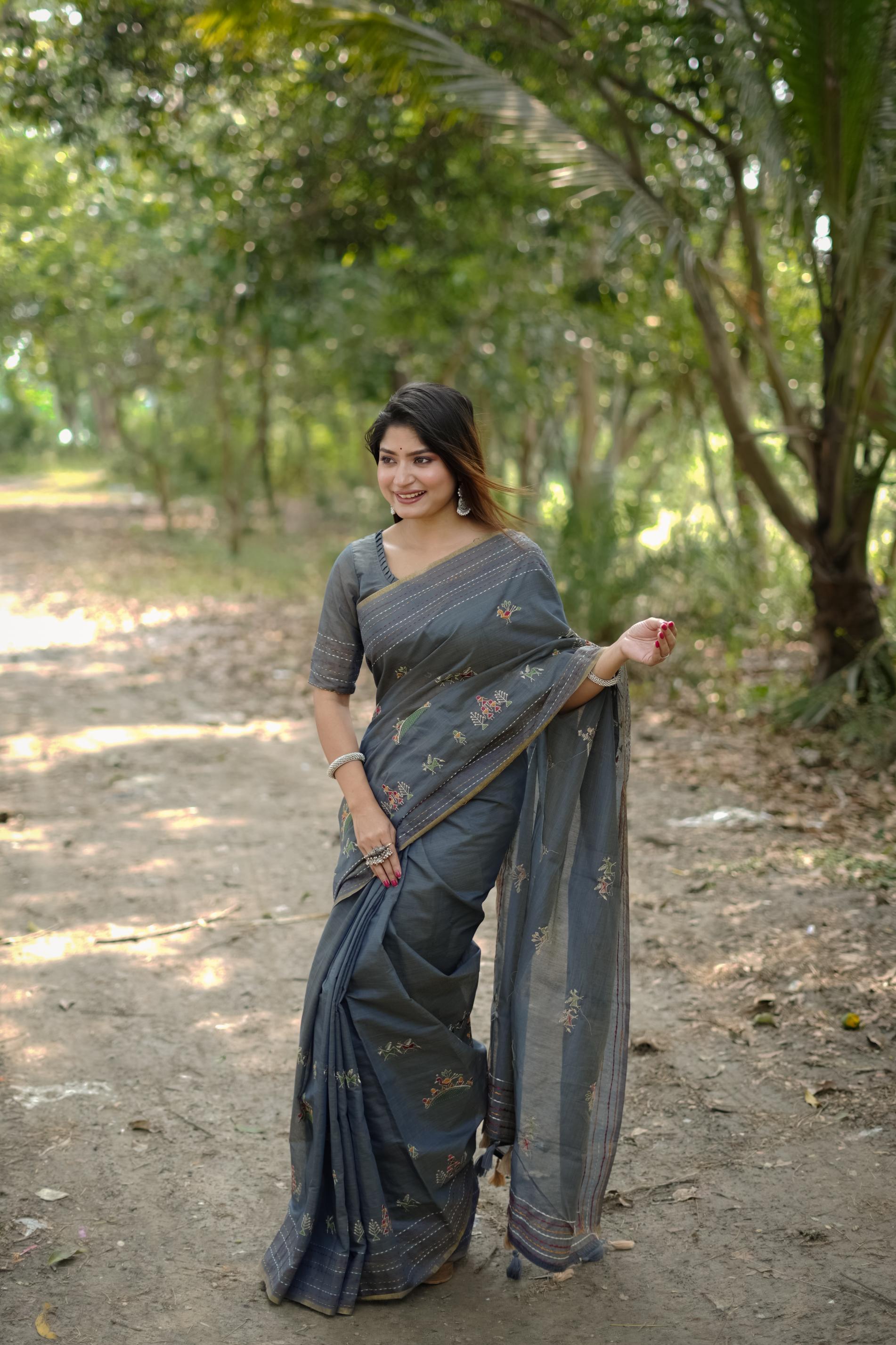 Jyoti Fashion Women's Grey Tussar Silk Traditional Thread Work Designer Saree with Blouse - Distacart