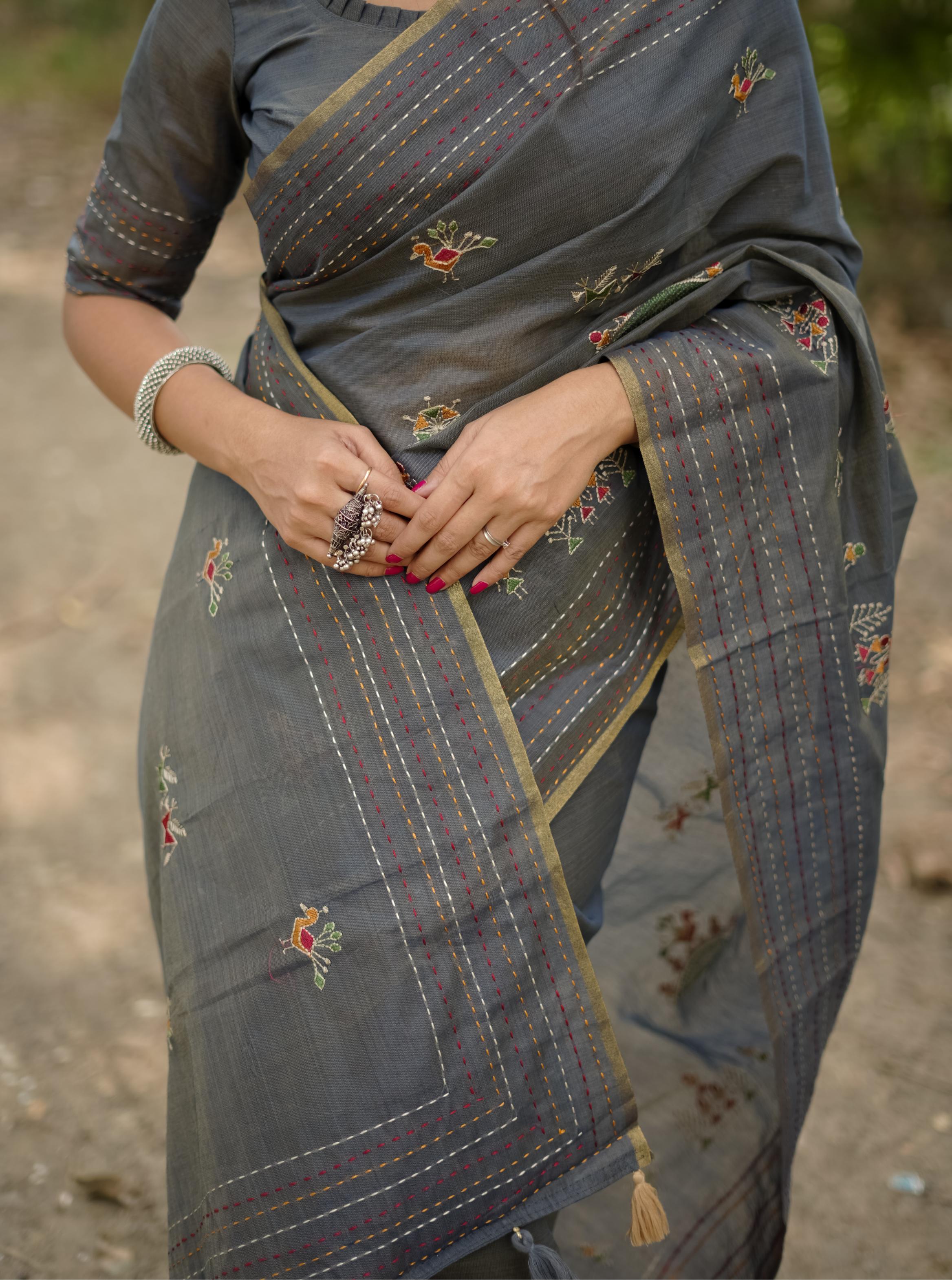 Jyoti Fashion Women's Grey Tussar Silk Traditional Thread Work Designer Saree with Blouse - Distacart