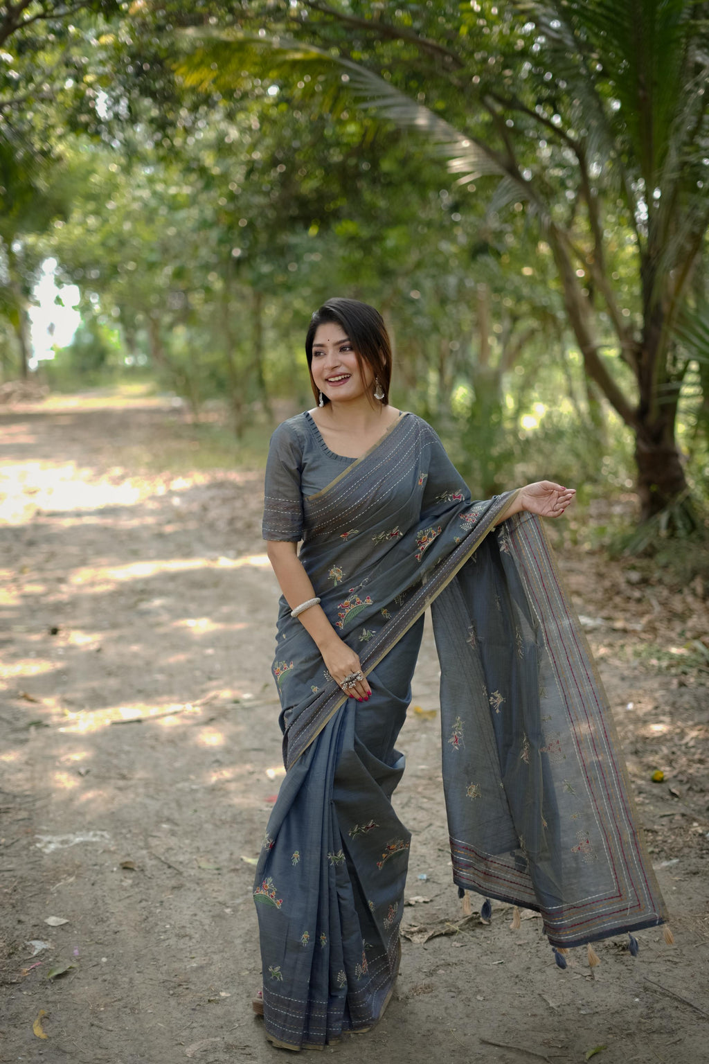 Jyoti Fashion Women's Grey Tussar Silk Traditional Thread Work Designer Saree with Blouse - Distacart
