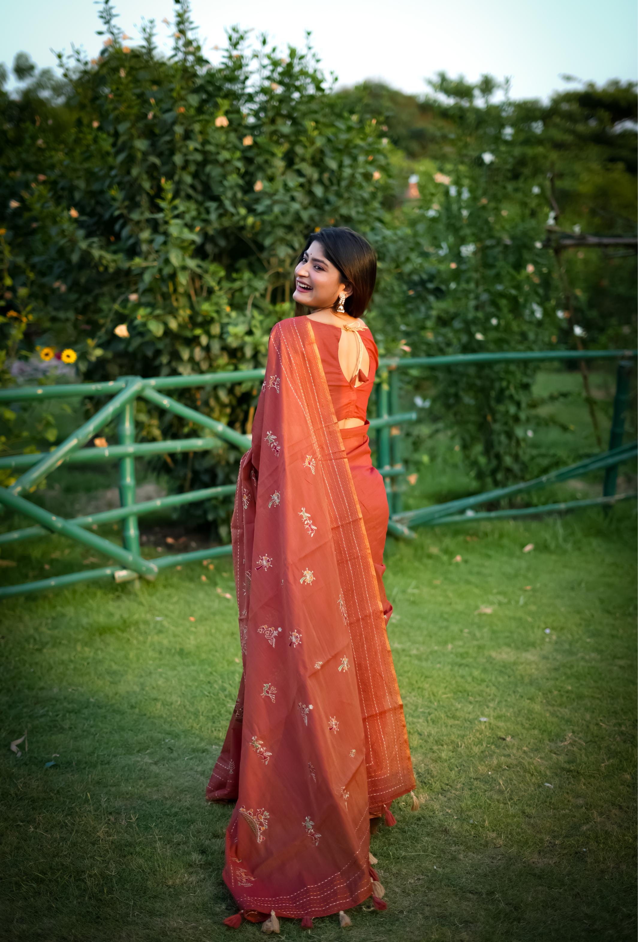 Jyoti Fashion Women's Orange Tussar Silk Traditional Thread Work Designer Saree with Blouse - Distacart