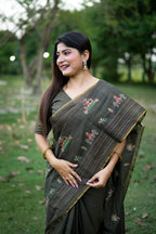Jyoti Fashion Women's Black Tussar Silk Traditional Thread Work Designer Saree with Blouse - Distacart