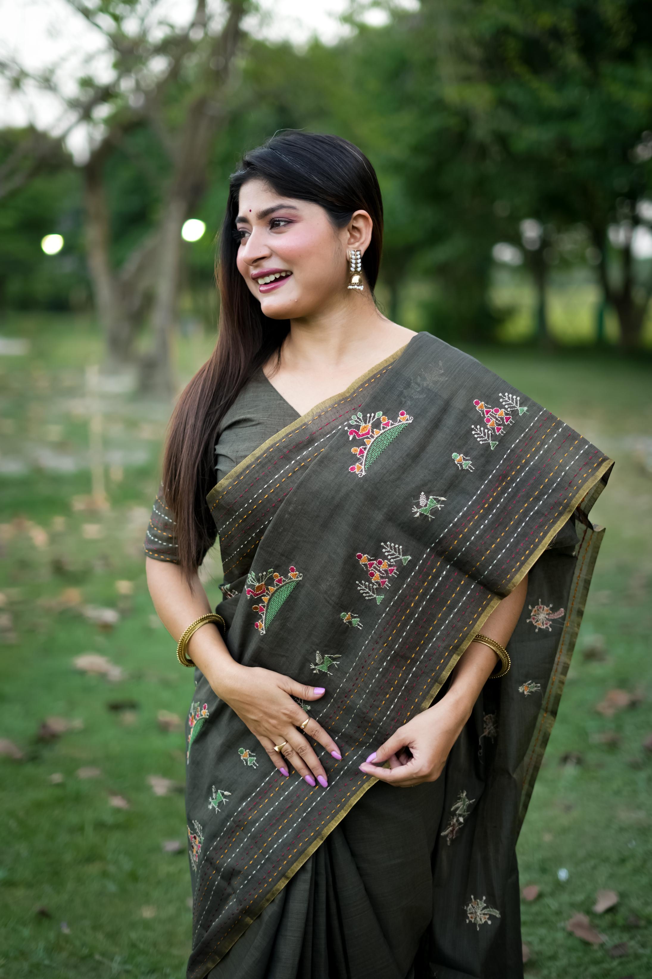 Jyoti Fashion Women's Black Tussar Silk Traditional Thread Work Designer Saree with Blouse - Distacart