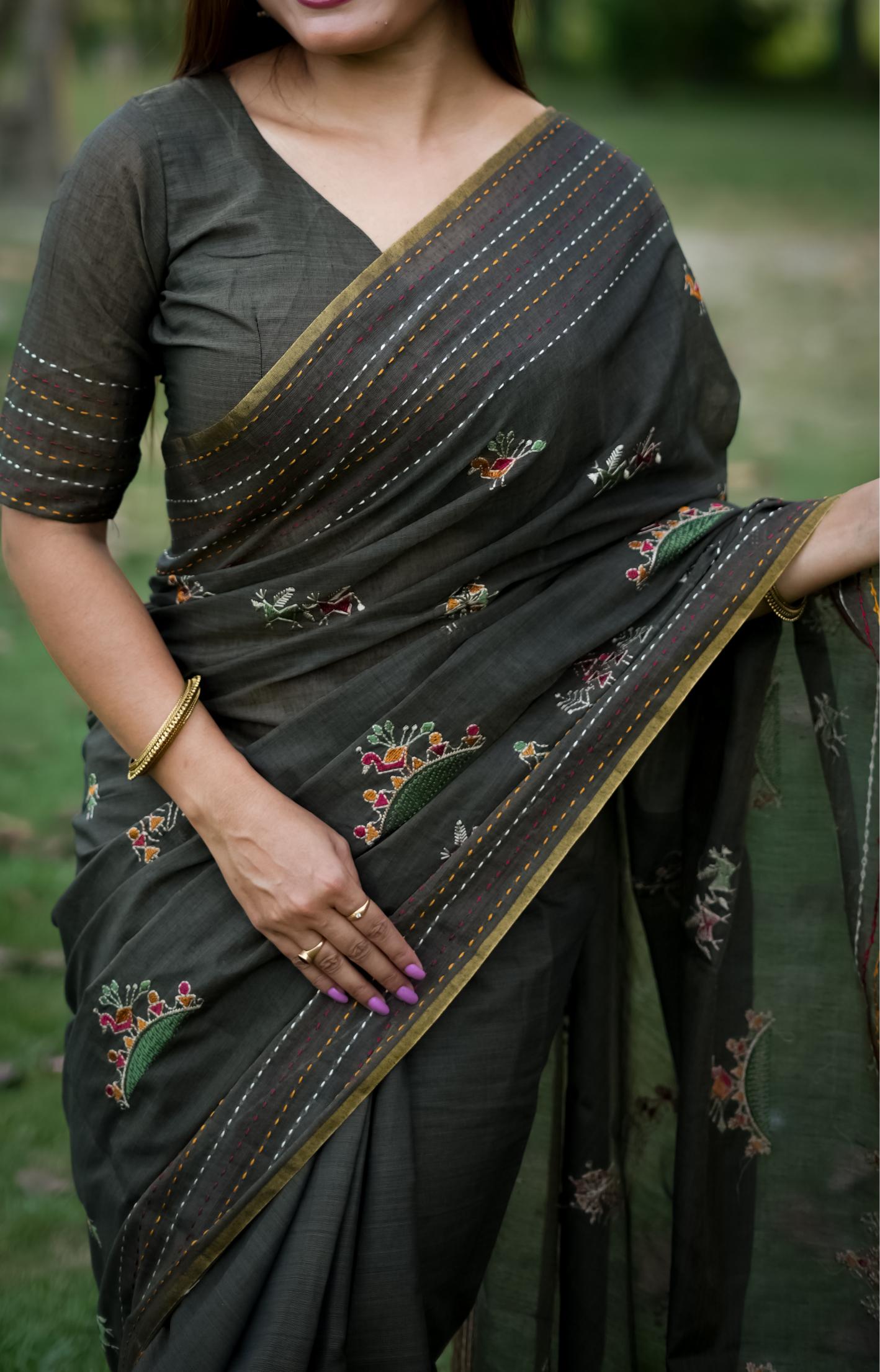 Jyoti Fashion Women's Black Tussar Silk Traditional Thread Work Designer Saree with Blouse - Distacart