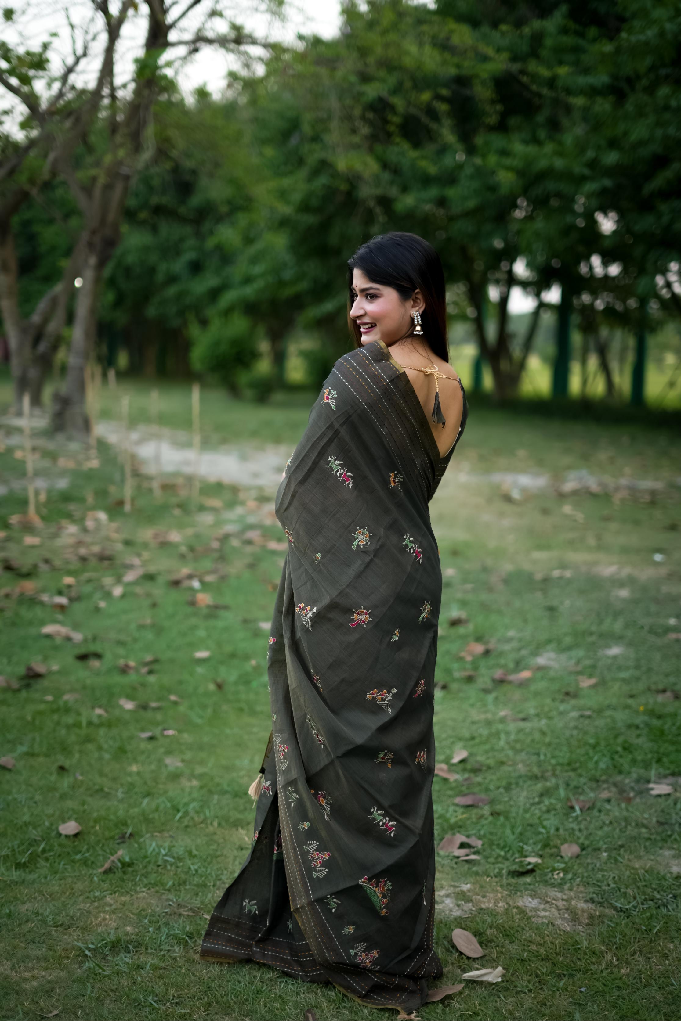 Jyoti Fashion Women's Black Tussar Silk Traditional Thread Work Designer Saree with Blouse - Distacart