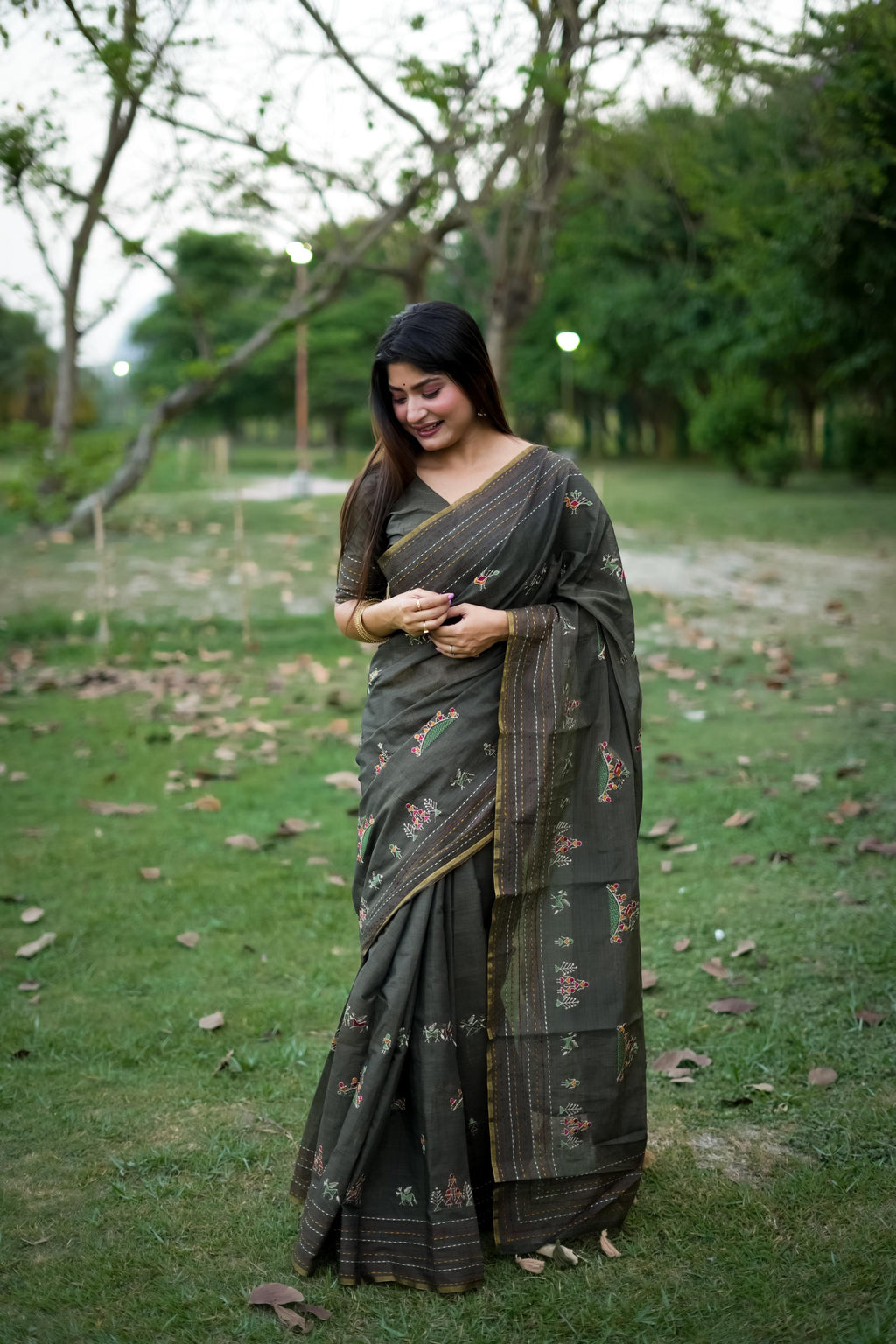 Jyoti Fashion Women's Black Tussar Silk Traditional Thread Work Designer Saree with Blouse - Distacart