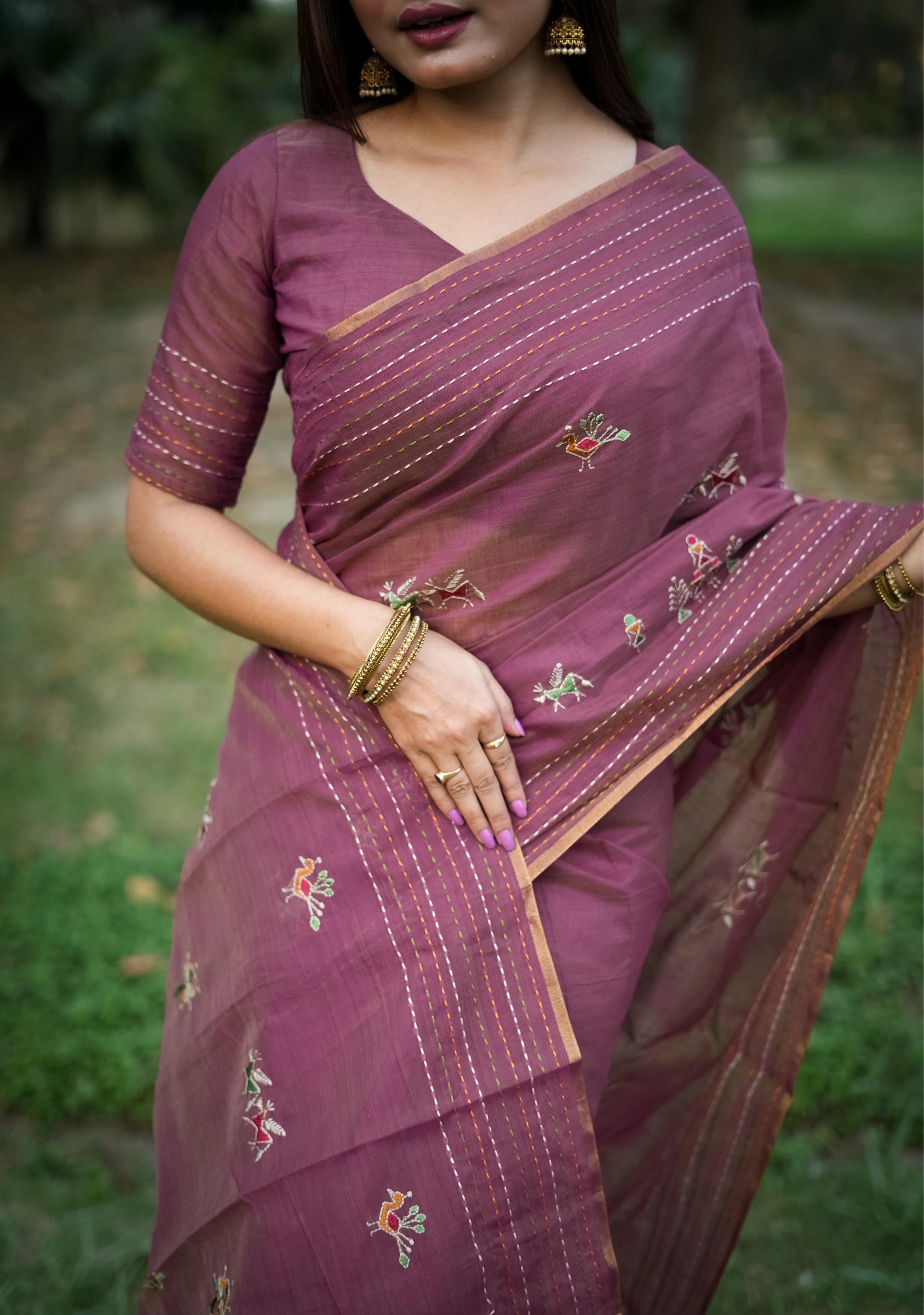 Jyoti Fashion Women's Wine Tussar Silk Traditional Thread Work Designer Saree with Blouse - Distacart