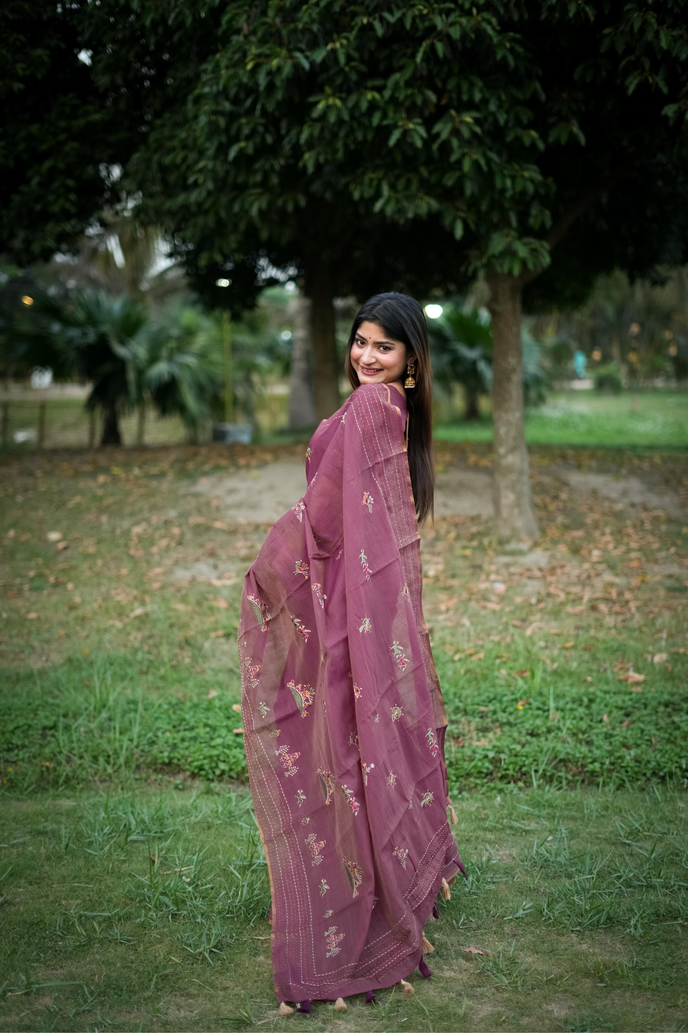 Jyoti Fashion Women's Wine Tussar Silk Traditional Thread Work Designer Saree with Blouse - Distacart