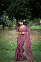 Jyoti Fashion Women's Wine Tussar Silk Traditional Thread Work Designer Saree with Blouse - Distacart