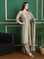 Jyoti Fashion Women's Olive Chinon Chiffon Floral Embroidery with Cording & Crystal Work Designer Straight Suit Set