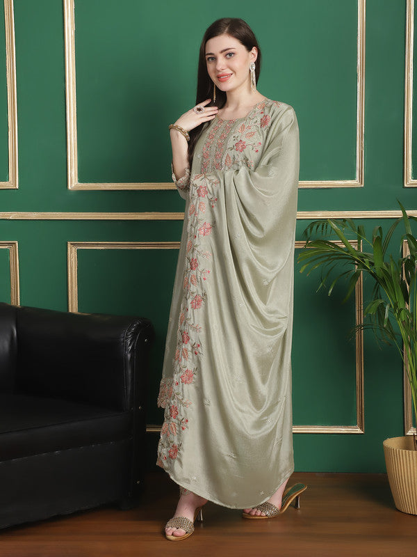 Jyoti Fashion Women's Olive Chinon Chiffon Floral Embroidery with Cording & Crystal Work Designer Straight Suit Set