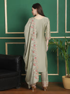 Jyoti Fashion Women's Olive Chinon Chiffon Floral Embroidery with Cording & Crystal Work Designer Straight Suit Set