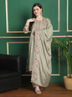 Jyoti Fashion Women's Olive Chinon Chiffon Floral Embroidery with Cording & Crystal Work Designer Straight Suit Set