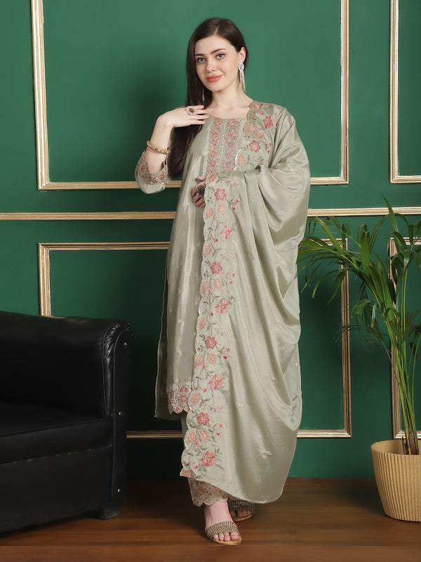 Jyoti Fashion Women's Olive Chinon Chiffon Floral Embroidery with Cording & Crystal Work Designer Straight Suit Set