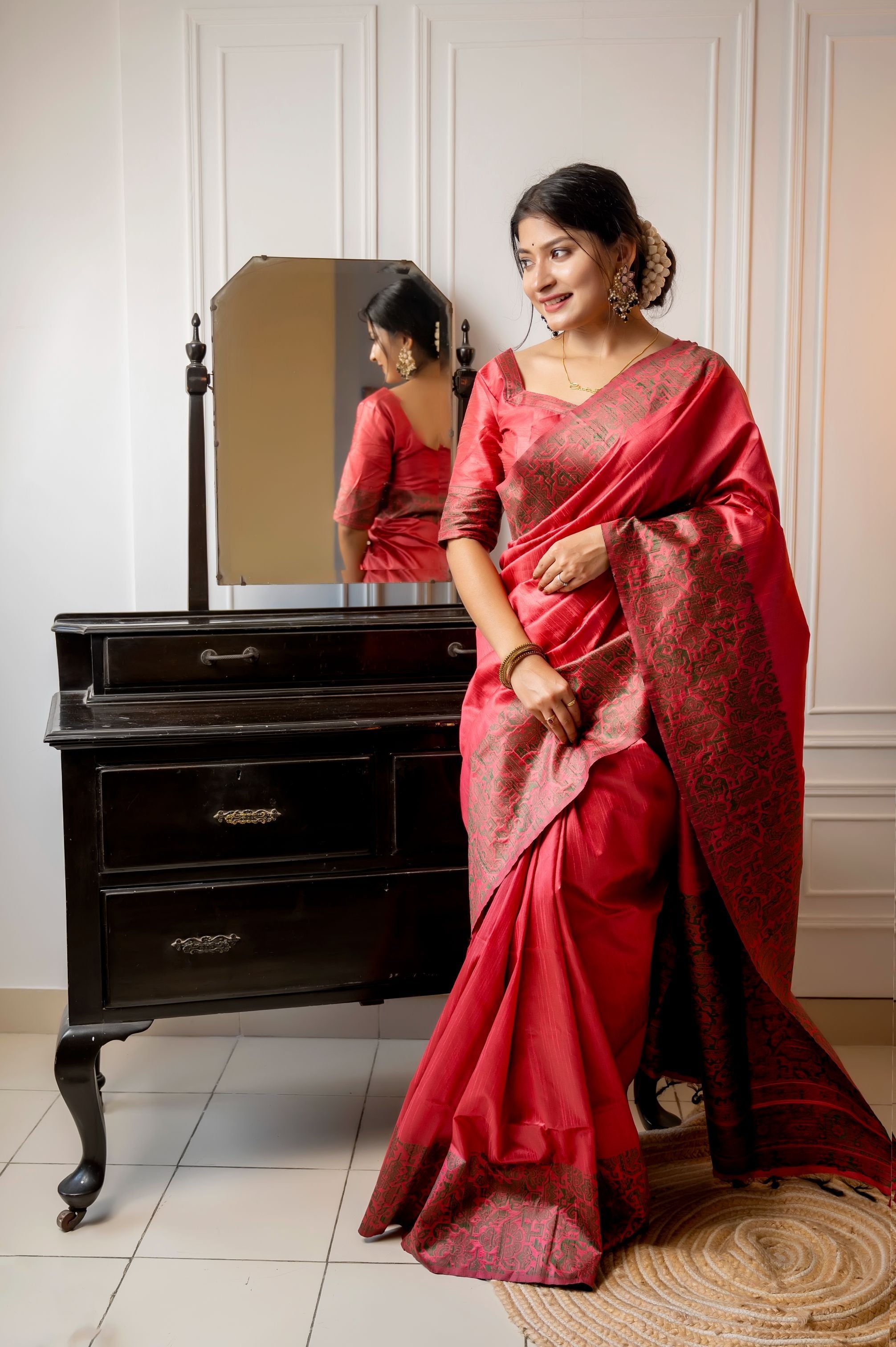 Jyoti Fashion Women's Gajri Red Handloom Raw Silk Weaving Designer Saree with Blouse - Distacart