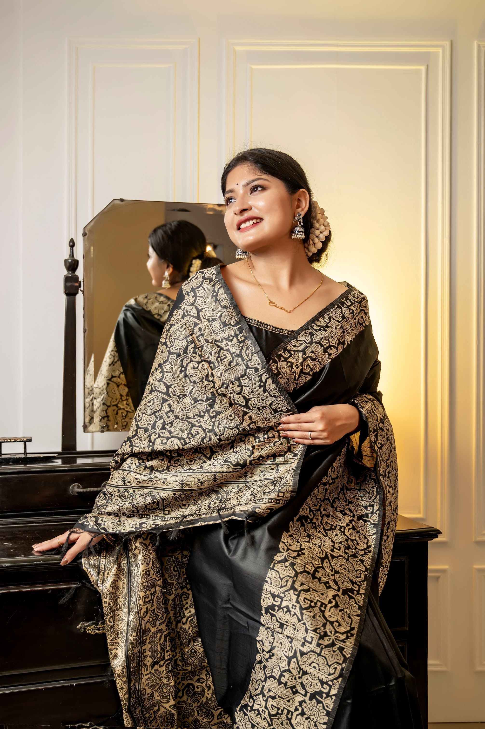 Jyoti Fashion Women's Black Handloom Raw Silk Weaving Designer Saree with Blouse - Distacart
