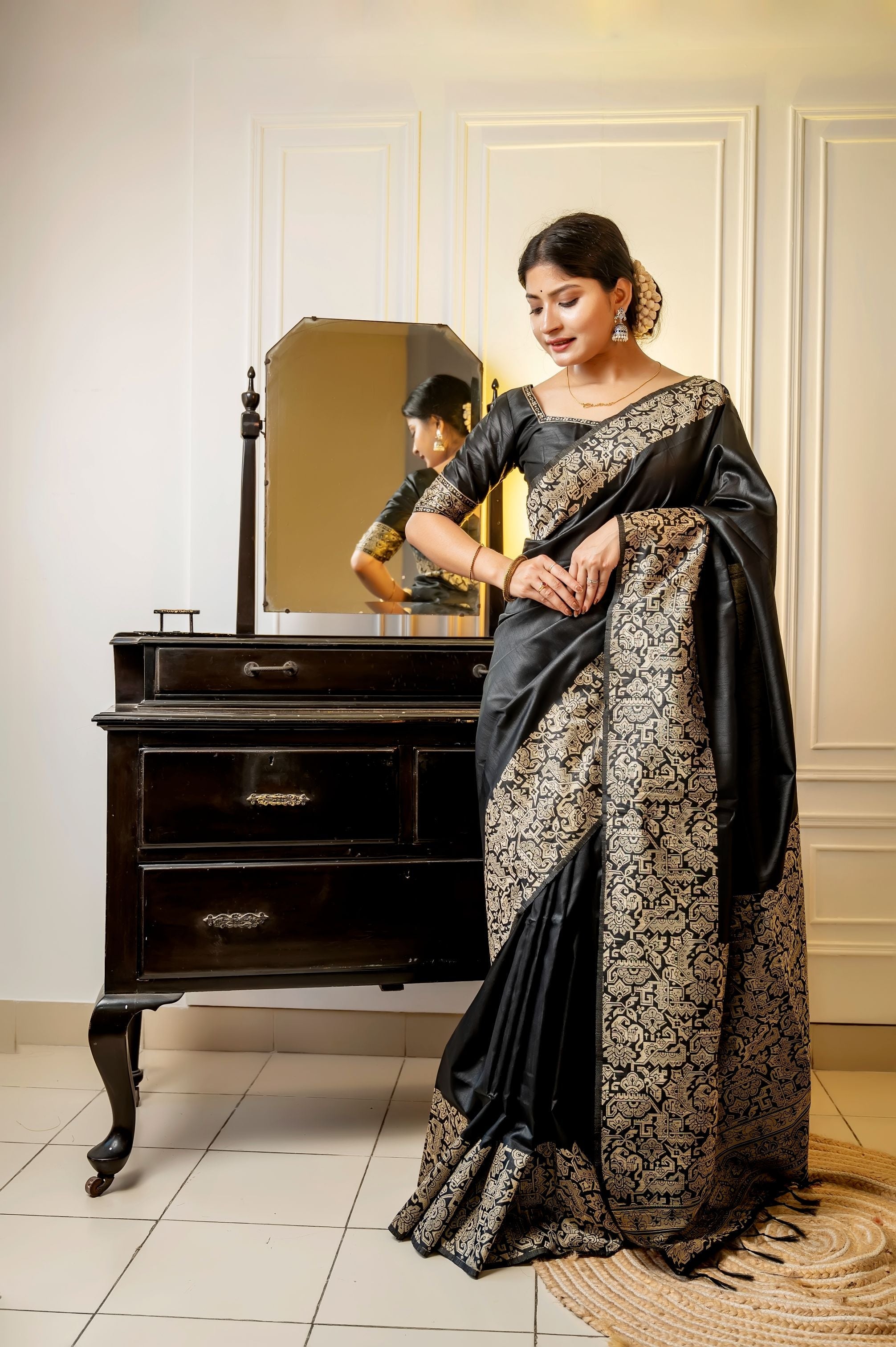 Jyoti Fashion Women's Black Handloom Raw Silk Weaving Designer Saree with Blouse - Distacart