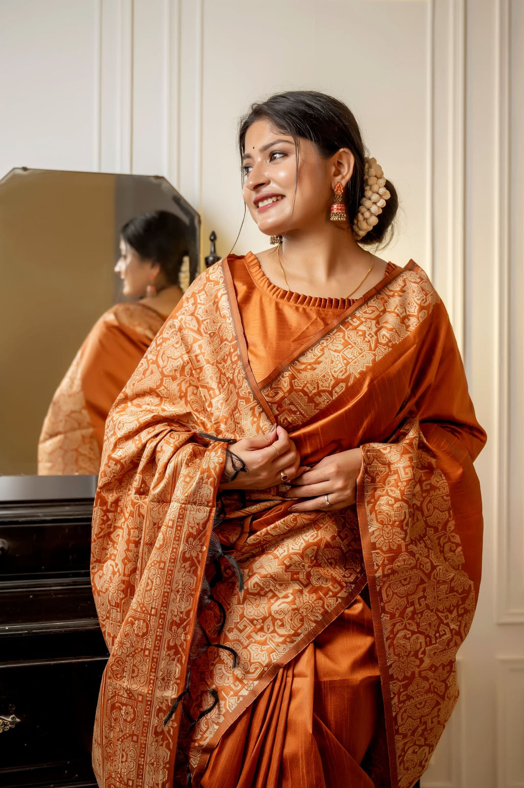 Jyoti Fashion Women's Orange Handloom Raw Silk Weaving Designer Saree with Blouse - Distacart