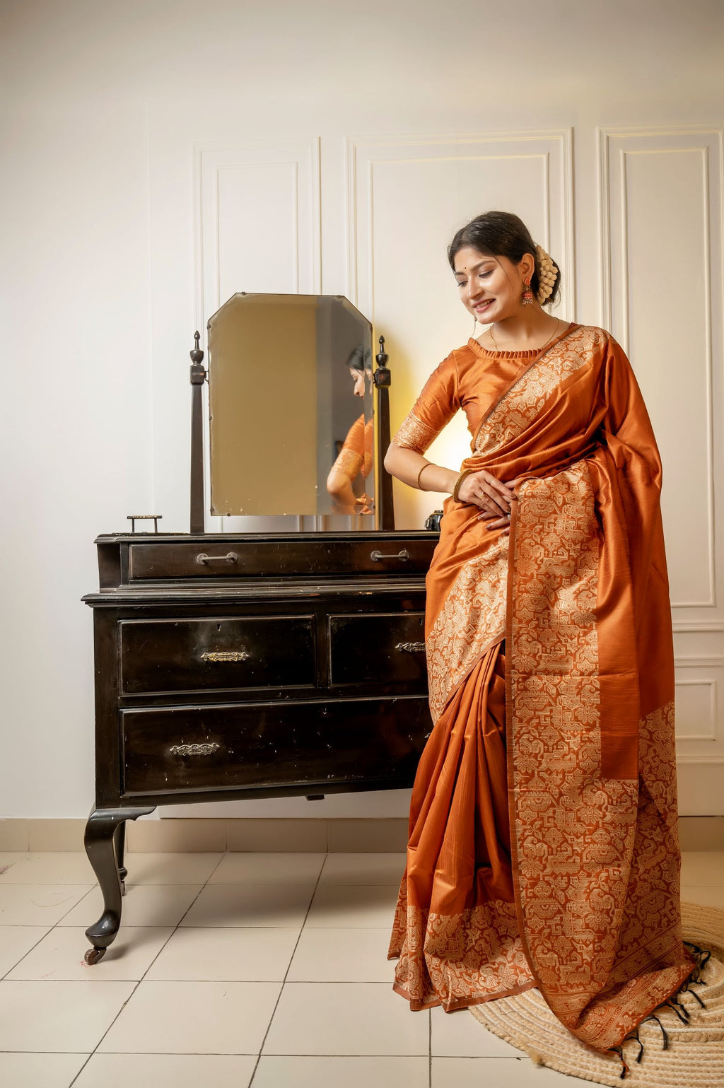Jyoti Fashion Women's Orange Handloom Raw Silk Weaving Designer Saree with Blouse - Distacart