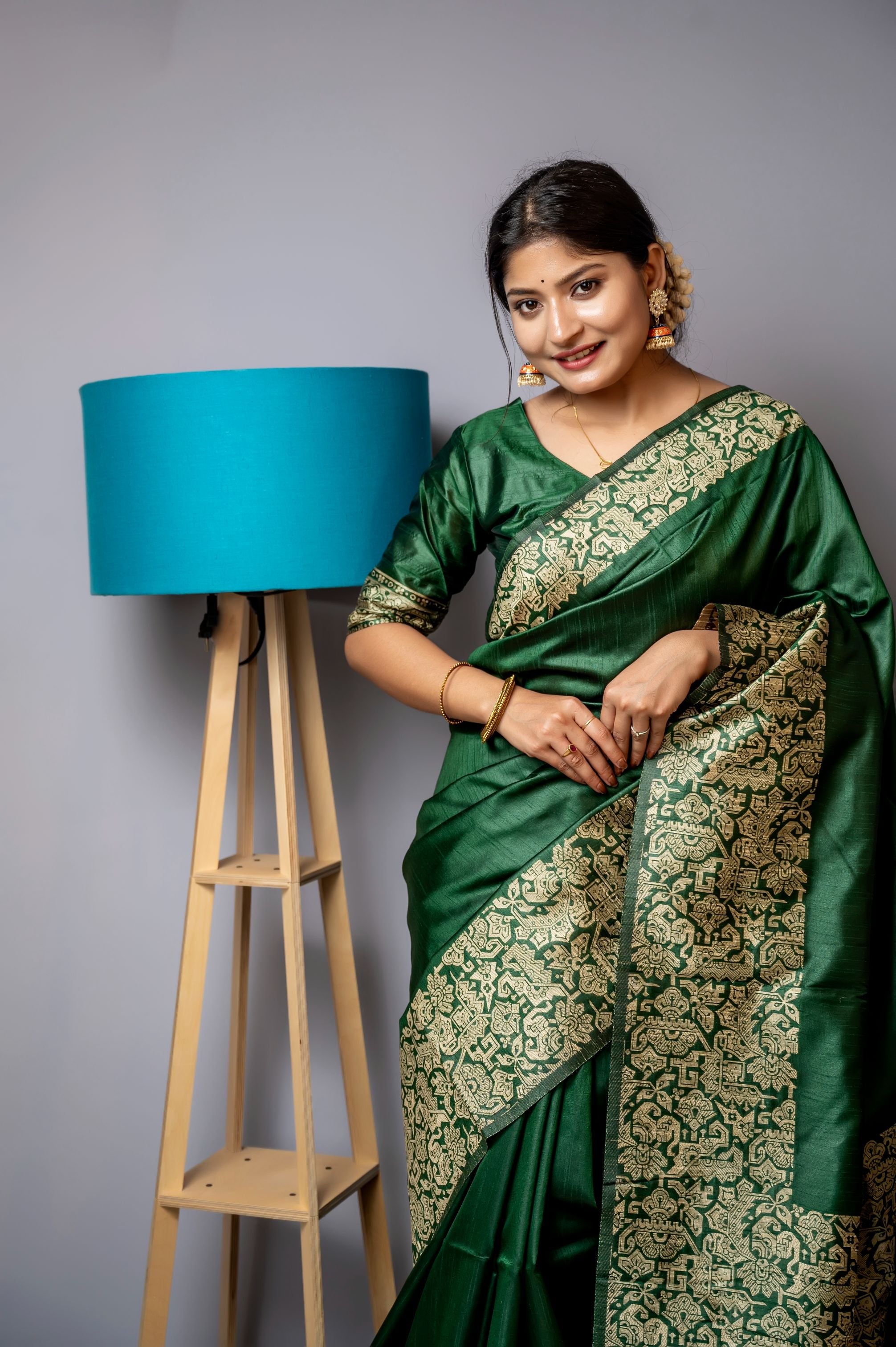 Jyoti Fashion Women's Bottle Green Handloom Raw Silk Weaving Designer Saree with Blouse - Distacart