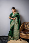 Jyoti Fashion Women's Bottle Green Handloom Raw Silk Weaving Designer Saree with Blouse - Distacart