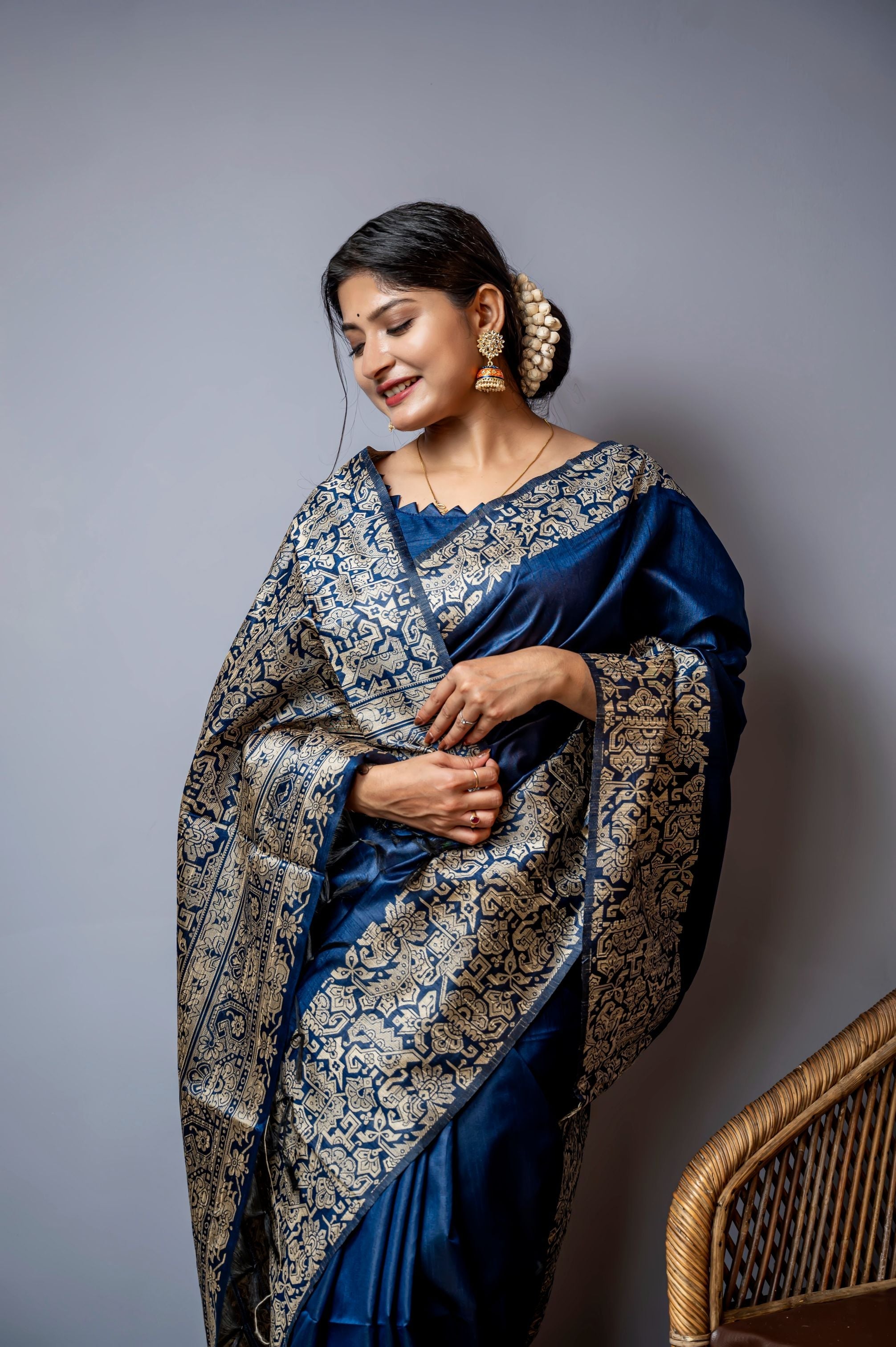 Jyoti Fashion Women's Navy Blue Handloom Raw Silk Weaving Designer Saree with Blouse - Distacart