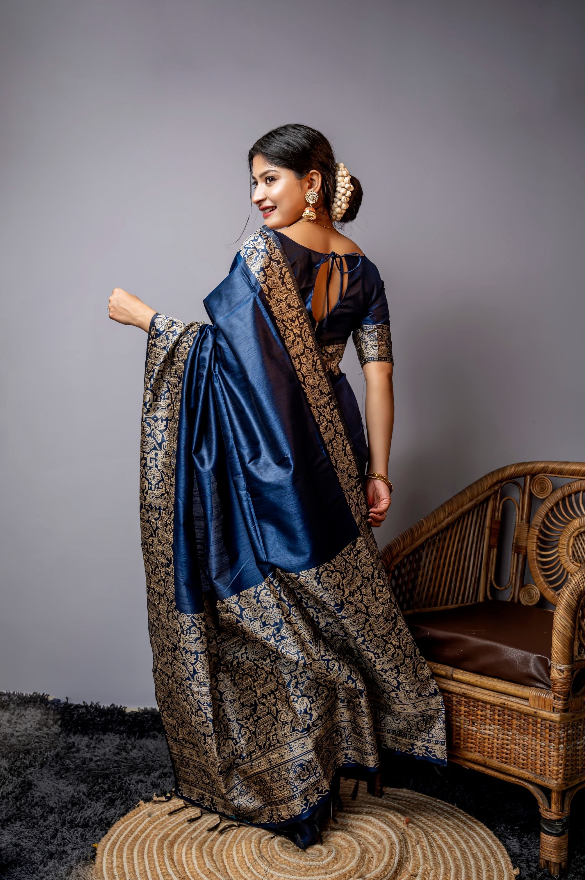 Jyoti Fashion Women's Navy Blue Handloom Raw Silk Weaving Designer Saree with Blouse - Distacart