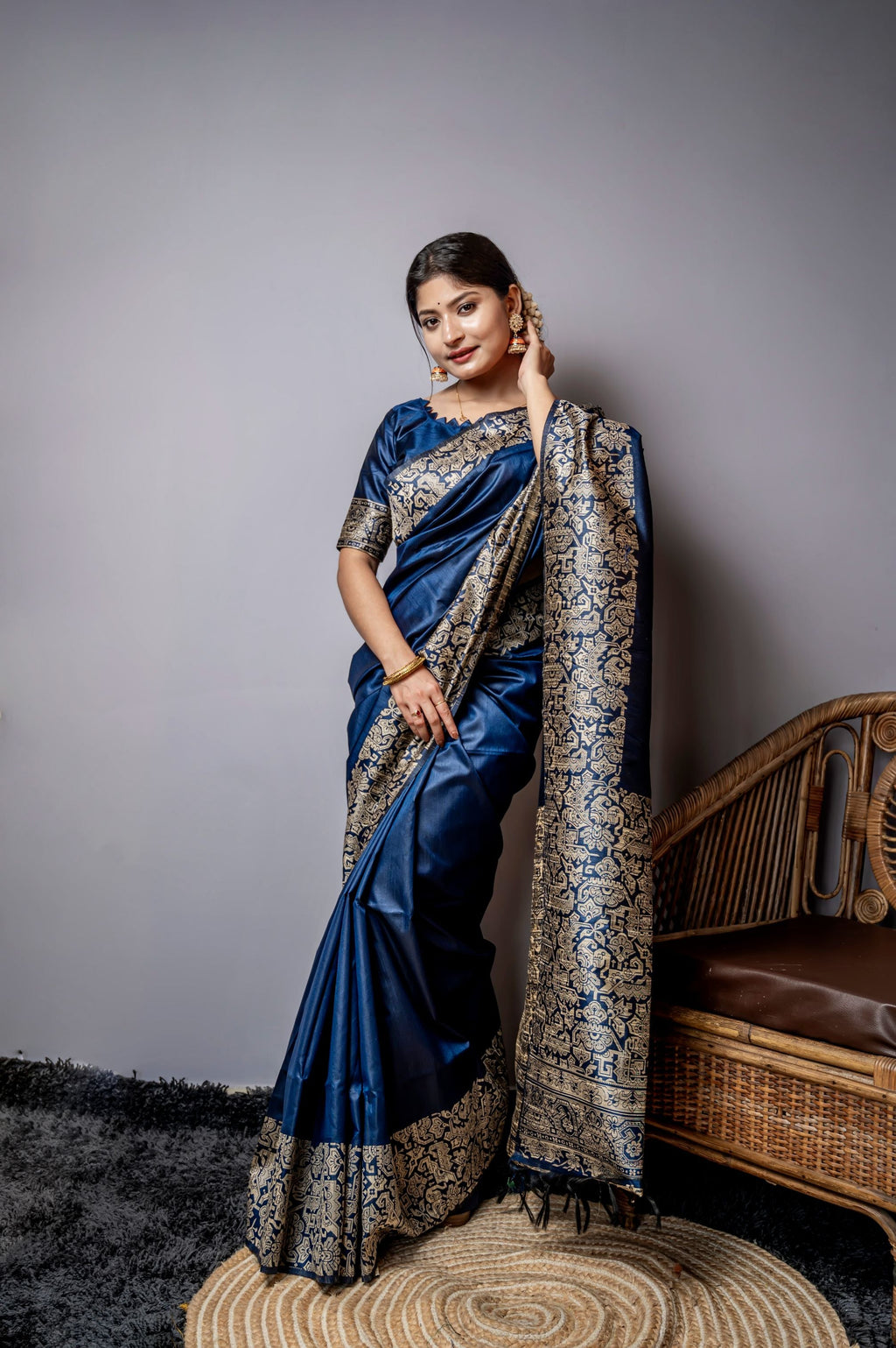 Jyoti Fashion Women's Navy Blue Handloom Raw Silk Weaving Designer Saree with Blouse - Distacart