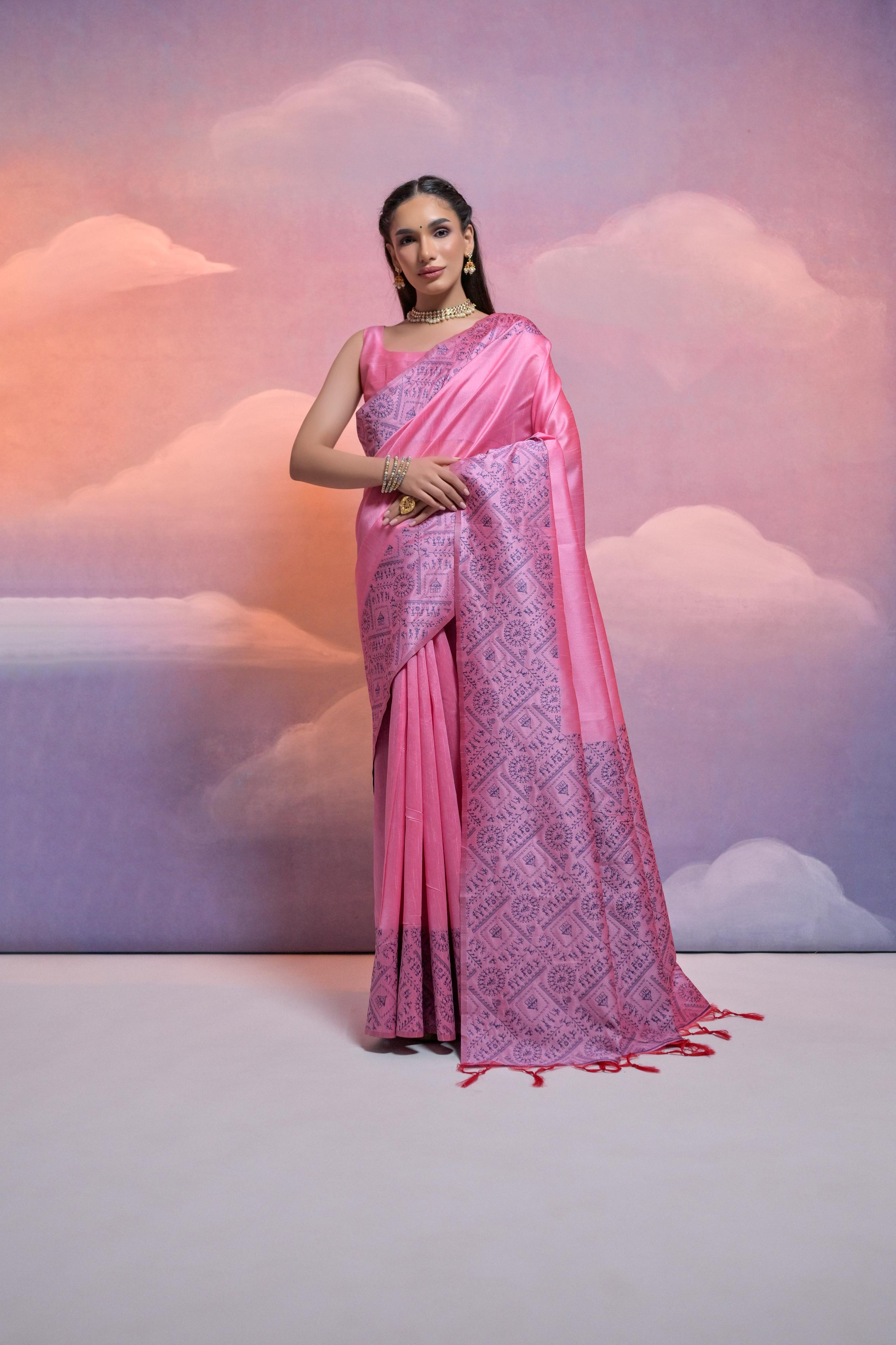 Jyoti Fashion Women's Pink Handloom Raw Silk Weaving Designer Saree with Blouse - Distacart