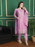 Jyoti Fashion Women's Pink Chinon Chiffon Floral Embroidery with Cording & Crystal Work Designer Straight Suit Set