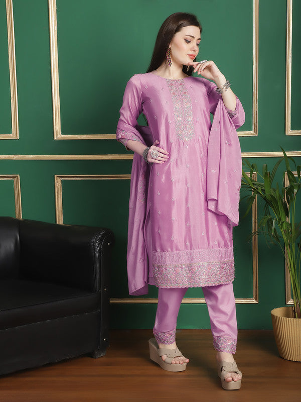 Jyoti Fashion Women's Pink Chinon Chiffon Floral Embroidery with Cording & Crystal Work Designer Straight Suit Set