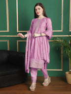 Jyoti Fashion Women's Pink Chinon Chiffon Floral Embroidery with Cording & Crystal Work Designer Straight Suit Set