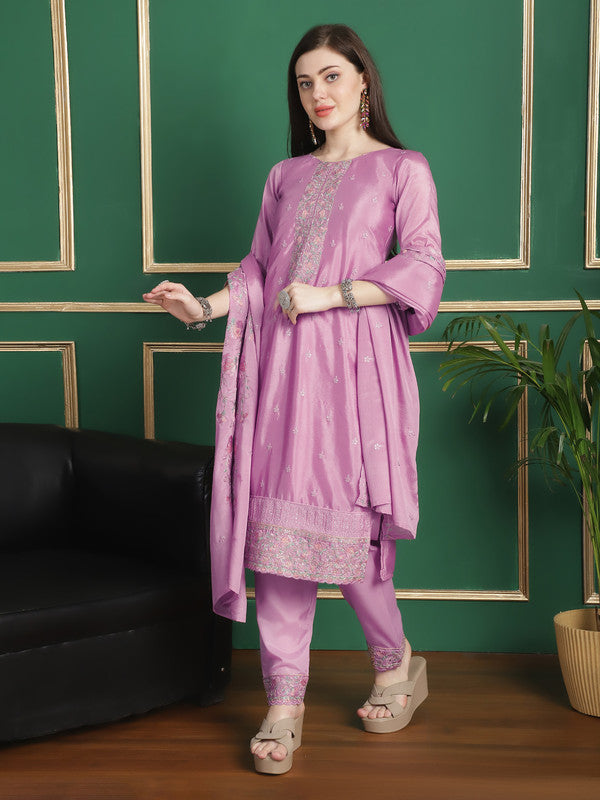 Jyoti Fashion Women's Pink Chinon Chiffon Floral Embroidery with Cording & Crystal Work Designer Straight Suit Set