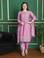 Jyoti Fashion Women's Pink Chinon Chiffon Floral Embroidery with Cording & Crystal Work Designer Straight Suit Set