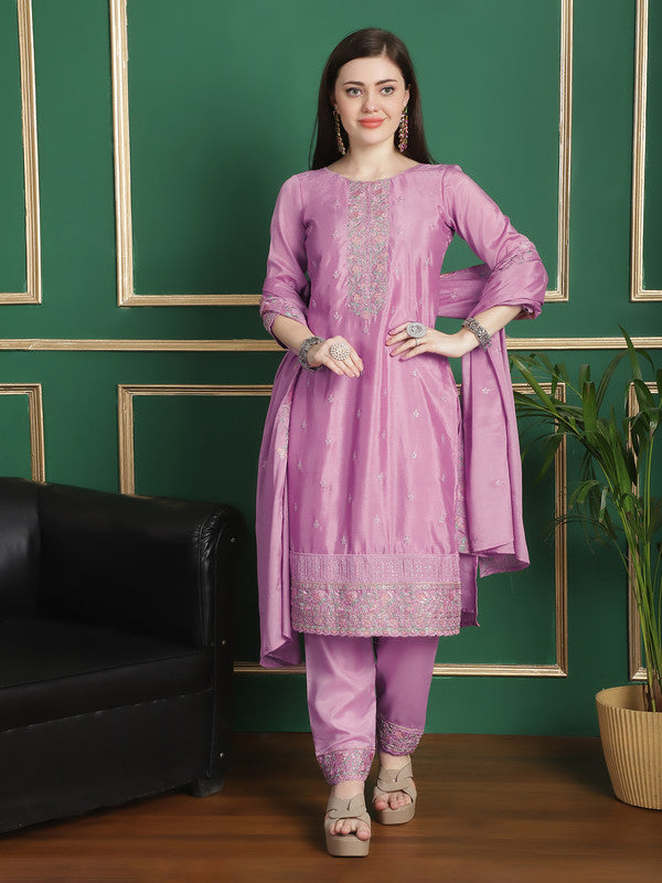 Jyoti Fashion Women's Pink Chinon Chiffon Floral Embroidery with Cording & Crystal Work Designer Straight Suit Set