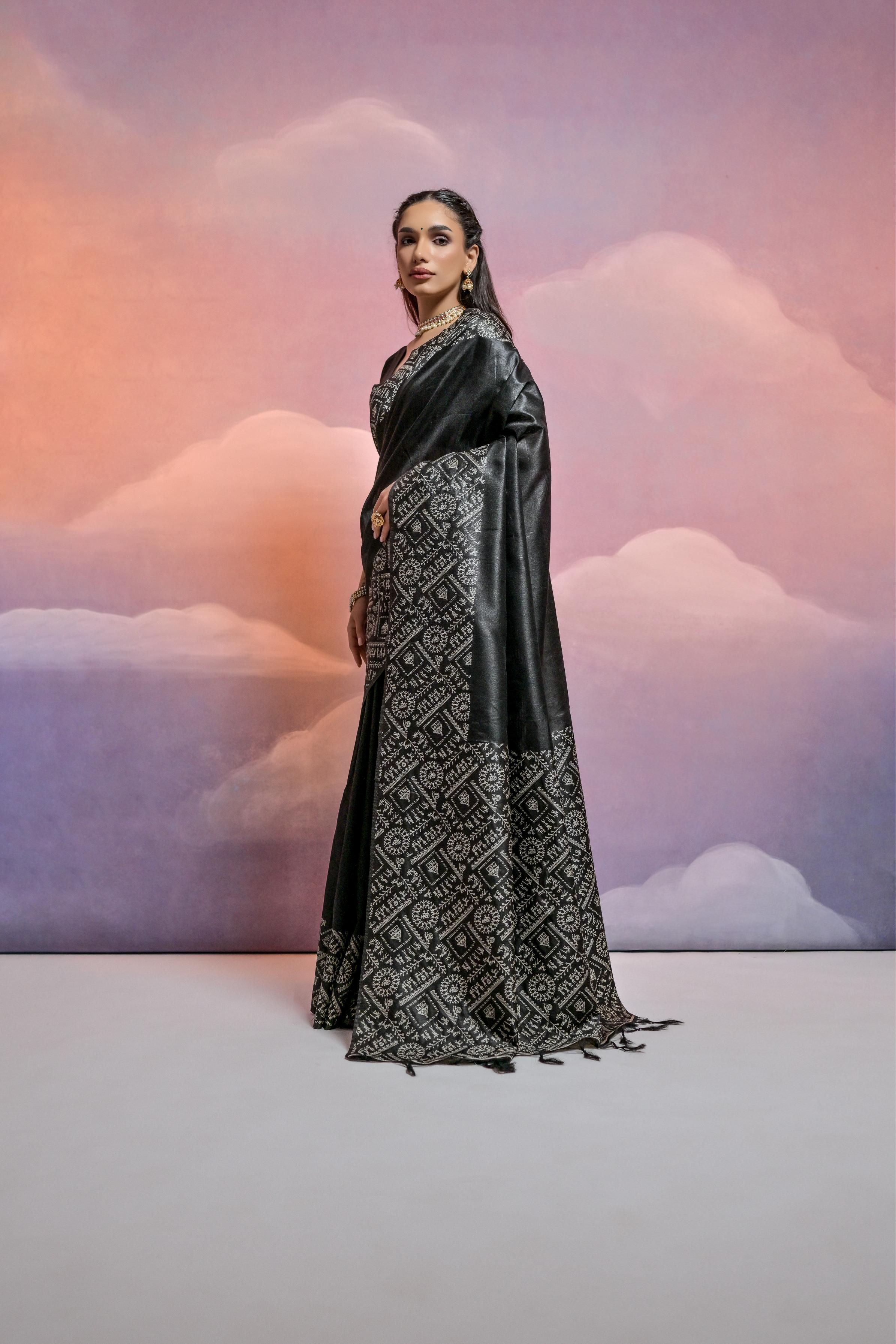 Jyoti Fashion Women's Black Handloom Raw Silk Weaving Designer Saree with Blouse - Distacart