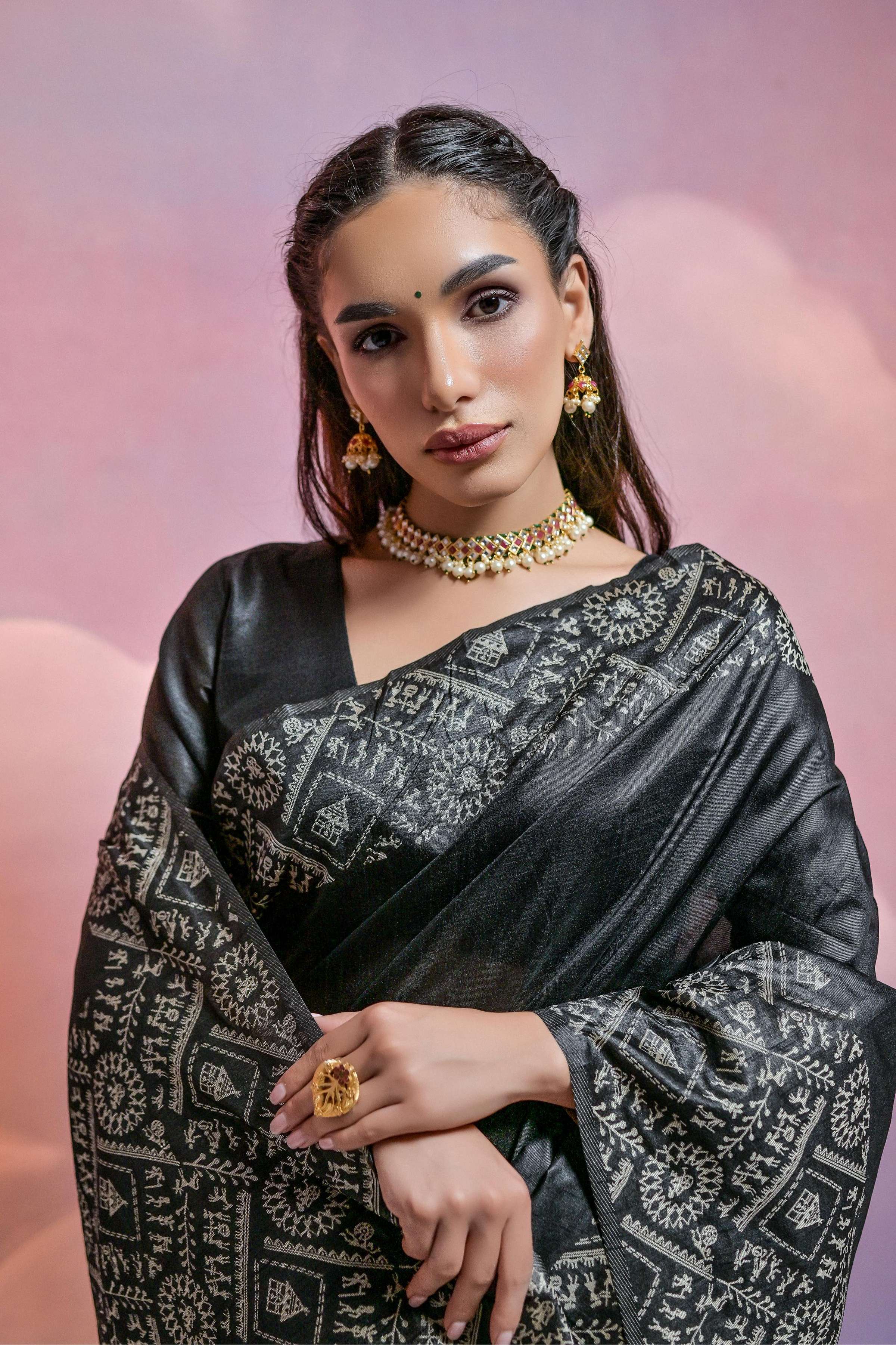 Jyoti Fashion Women's Black Handloom Raw Silk Weaving Designer Saree with Blouse - Distacart