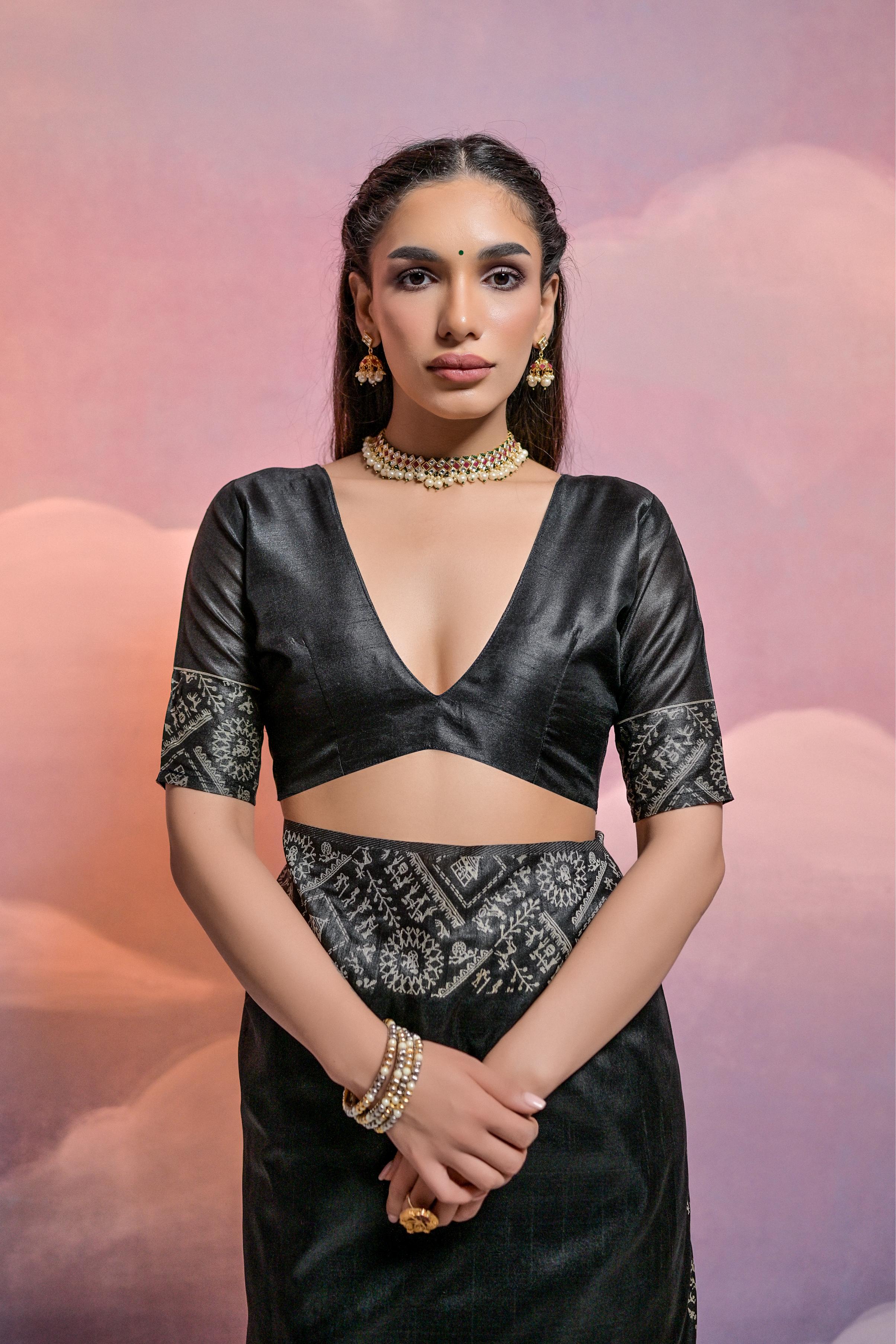 Jyoti Fashion Women's Black Handloom Raw Silk Weaving Designer Saree with Blouse - Distacart